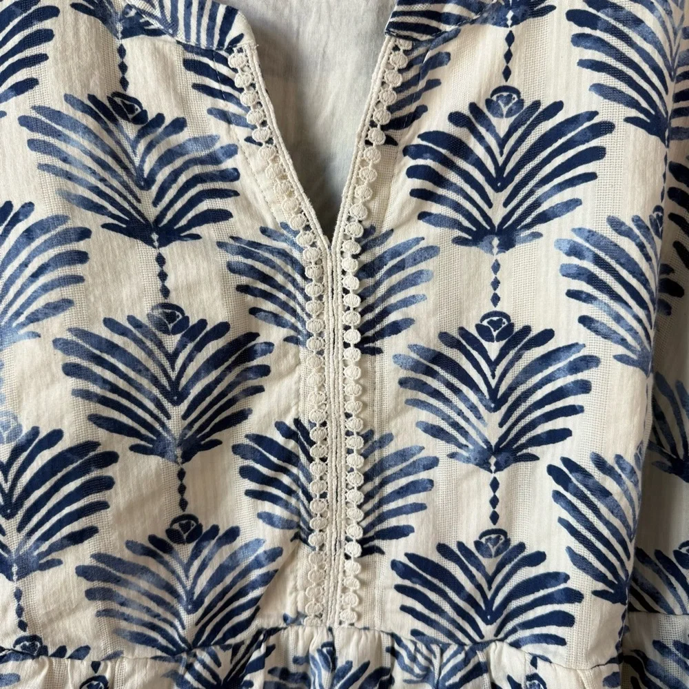 J. Jill Printed Split Neck Cotton Dress White Blue XL Coastal - Picture 4 of 9